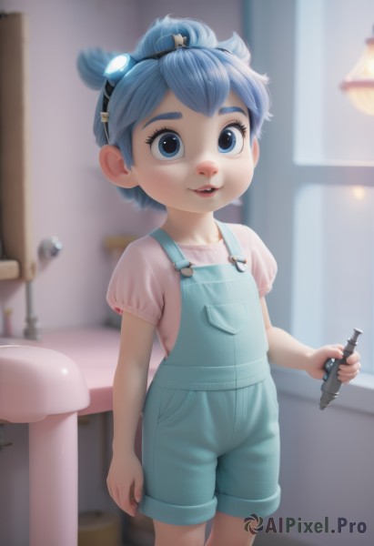 1girl,solo,looking at viewer,smile,short hair,open mouth,blue eyes,shirt,holding,blue hair,standing,short sleeves,cowboy shot,hairband,parted lips,shorts,teeth,puffy sleeves,indoors,blurry,lips,depth of field,blurry background,goggles,child,pink shirt,goggles on head,female child,overalls,sink,faucet,blue overalls,overall shorts,see-through,lamp