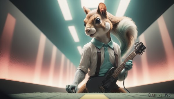 solo,looking at viewer,shirt,gloves,1boy,holding,animal ears,standing,tail,upper body,short sleeves,male focus,necktie,collared shirt,indoors,blurry,black eyes,blurry background,animal,suspenders,blue shirt,instrument,furry,blue necktie,green shirt,music,guitar,furry male,body fur,playing instrument,holding instrument,animal nose,electric guitar,whiskers,snout,brown fur,squirrel,plectrum,blue eyes,no humans,parody,spotlight