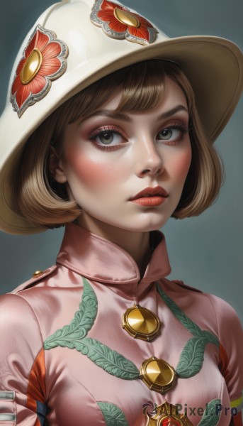 1girl,solo,breasts,looking at viewer,short hair,bangs,simple background,brown hair,hat,brown eyes,jewelry,closed mouth,upper body,flower,small breasts,artist name,lips,eyelashes,makeup,white headwear,blue background,floral print,bob cut,lipstick,brooch,gem,eyeshadow,freckles,pink shirt,realistic,nose,red lips,eyeliner,mascara,blush,shirt,grey background