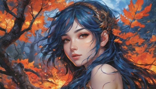 1girl,solo,long hair,looking at viewer,bangs,hair ornament,bare shoulders,brown eyes,blue hair,upper body,hairband,outdoors,parted lips,teeth,day,from side,tree,lips,orange eyes,looking to the side,eyelashes,leaf,wind,portrait,nature,forest,realistic,nose,branch,autumn leaves,autumn,parted bangs,fire,freckles,red lips