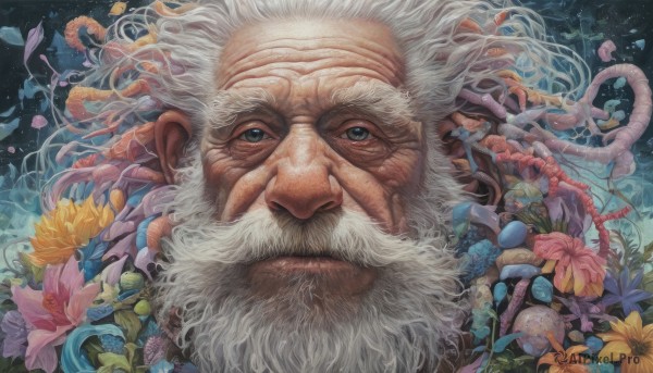 solo,looking at viewer,blue eyes,1boy,closed mouth,flower,white hair,male focus,petals,facial hair,plant,portrait,beard,realistic,mustache,old,old man,wrinkled skin,scar,fish,vines,coral