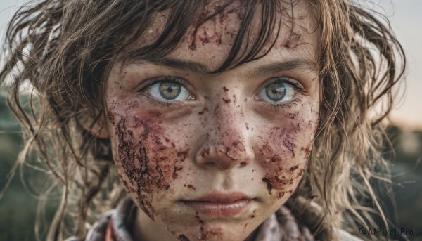 1girl,solo,long hair,looking at viewer,bangs,brown hair,brown eyes,closed mouth,outdoors,blurry,lips,blood,depth of field,blurry background,messy hair,portrait,close-up,freckles,blood on face,realistic,dirty,dirty face,eyelashes,tattoo,floating hair,wind,nose,blood on clothes