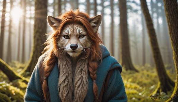 solo,long hair,looking at viewer,brown hair,1boy,brown eyes,upper body,braid,outdoors,day,blurry,twin braids,tree,no humans,depth of field,blurry background,animal,sunlight,nature,hair over shoulder,forest,animal focus,brown fur,animal ears,closed mouth,portrait