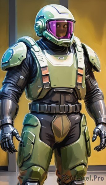 solo,1boy,standing,male focus,cowboy shot,belt,armor,bodysuit,helmet,robot,science fiction,arms at sides,looking ahead,open hands,power armor,looking at viewer