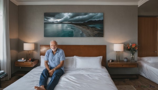 solo,brown hair,shirt,1boy,sitting,flower,male focus,barefoot,pants,cloud,indoors,cup,pillow,book,window,bed,facial hair,ocean,on bed,blue shirt,scenery,pajamas,realistic,clock,blue pants,lamp,bedroom,old,old man,vase,painting (object),desk lamp,open mouth,phone,bald,tissue box