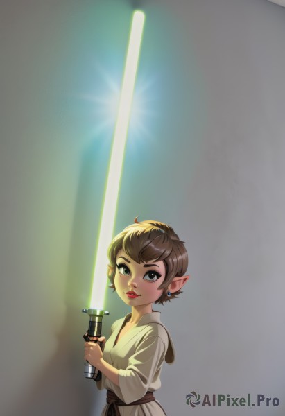 1girl,solo,looking at viewer,short hair,brown hair,holding,jewelry,weapon,earrings,pointy ears,belt,sword,holding weapon,black eyes,lips,grey eyes,makeup,holding sword,thick eyebrows,lipstick,robe,red lips,dougi,glowing weapon,energy sword,tunic,lightsaber,blush,blue eyes,green eyes,upper body,aged down,elf,nose,light,glowing sword