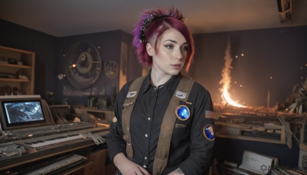 1girl,solo,short hair,shirt,hair ornament,long sleeves,brown eyes,closed mouth,upper body,ponytail,purple hair,red hair,collared shirt,indoors,uniform,lips,looking to the side,military,black shirt,dress shirt,military uniform,makeup,buttons,chair,looking away,fire,desk,sleeves rolled up,realistic,nose,computer,badge,monitor,laptop,keyboard (computer),patch,bangs,blurry,blurry background,freckles,emblem,dirty,button badge