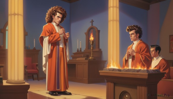 1girl,brown hair,black hair,long sleeves,brown eyes,standing,multiple boys,indoors,dark skin,2boys,wide sleeves,book,facial hair,chair,table,own hands together,cross,fire,curly hair,robe,candle,own hands clasped,praying,church,afro,candlestand,priest,jewelry,closed mouth,full body,shoes,black footwear,siblings,chinese clothes,statue