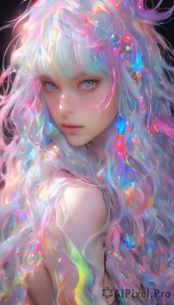 1girl,solo,long hair,breasts,looking at viewer,bangs,blue eyes,simple background,bare shoulders,closed mouth,blue hair,upper body,pink hair,white hair,nude,multicolored hair,small breasts,looking back,from side,lips,eyelashes,gradient hair,makeup,glowing,wavy hair,black background,pink lips,nose,colorful,hair ornament,jewelry,earrings,blunt bangs,gem,realistic