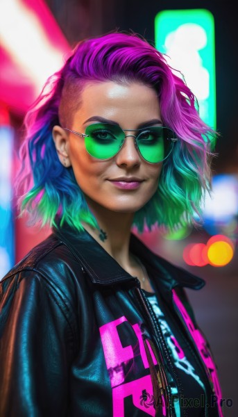 1girl,solo,looking at viewer,smile,short hair,shirt,jewelry,closed mouth,green eyes,blue hair,jacket,upper body,pink hair,purple hair,multicolored hair,earrings,green hair,open clothes,glasses,artist name,medium hair,blurry,two-tone hair,open jacket,lips,black jacket,aqua hair,gradient hair,makeup,blurry background,watermark,sunglasses,lipstick,clothes writing,zipper,realistic,nose,round eyewear,leather,tinted eyewear,leather jacket,cyberpunk,aviator sunglasses,purple-tinted eyewear,shiny,necklace,tattoo,depth of field,web address,eyeshadow,unzipped,stud earrings,bokeh,neon lights