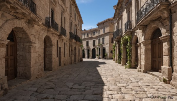 outdoors,sky,day,cloud,blue sky,no humans,window,shadow,plant,building,scenery,stairs,city,door,road,wall,ruins,vines,pillar,street,arch,column,stone floor,sunlight,architecture,path,pavement,stone wall,vanishing point