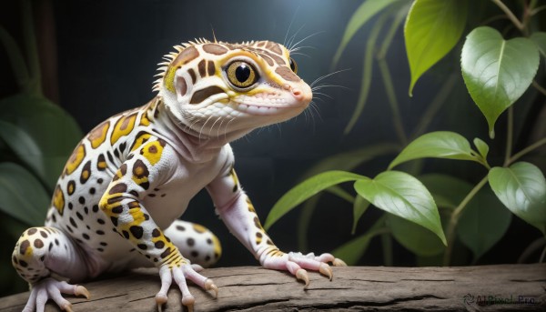 HQ,solo,closed mouth,full body,yellow eyes,outdoors,teeth,signature,blurry,black eyes,no humans,blurry background,animal,leaf,plant,sharp teeth,claws,realistic,animal focus,yellow sclera,whiskers,dinosaur,colored sclera,branch,frog,moss,lizard