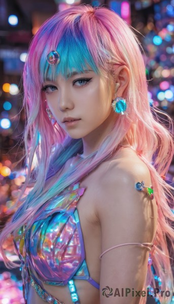 1girl,solo,long hair,breasts,looking at viewer,bangs,blue eyes,bare shoulders,jewelry,medium breasts,blue hair,swimsuit,upper body,pink hair,bikini,multicolored hair,earrings,parted lips,nail polish,blurry,two-tone hair,lips,depth of field,blurry background,gem,armlet,blue nails,realistic,nose,bokeh,closed mouth,shiny,artist name,signature,blunt bangs,mole,from side,looking to the side,eyelashes,gradient hair,makeup,watermark,piercing,bikini top only,light particles,blue bikini,eyeshadow,pink lips,blue gemstone,mascara