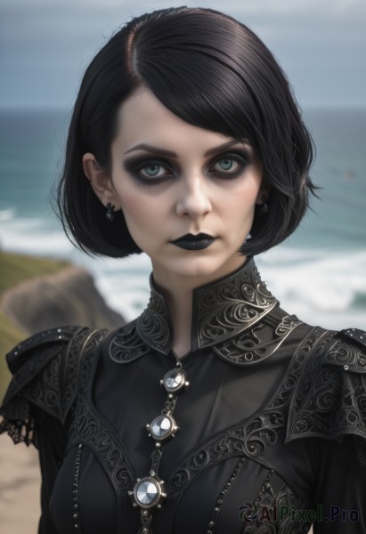 1girl,solo,breasts,looking at viewer,short hair,bangs,blue eyes,black hair,dress,jewelry,closed mouth,upper body,earrings,outdoors,day,artist name,blurry,black dress,lips,eyelashes,makeup,depth of field,blurry background,ocean,beach,bob cut,lipstick,brooch,gem,pale skin,eyeshadow,realistic,sand,red lips,eyeliner,straight-on,mascara,gothic,black lips,medium breasts,green eyes,swept bangs,lace