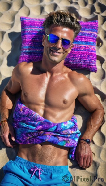 solo,looking at viewer,smile,short hair,open mouth,brown hair,black hair,1boy,navel,jewelry,nipples,male focus,lying,shorts,teeth,shiny,pants,dark skin,on back,bracelet,muscular,shadow,facial hair,beach,abs,sunglasses,dark-skinned male,pectorals,tan,muscular male,veins,blue shorts,topless male,watch,realistic,mustache,sand,wristwatch,male swimwear,navel hair,swim trunks,arm hair,beach chair,hawaiian shirt,blue-tinted eyewear,bara,beard,large pectorals,chest hair