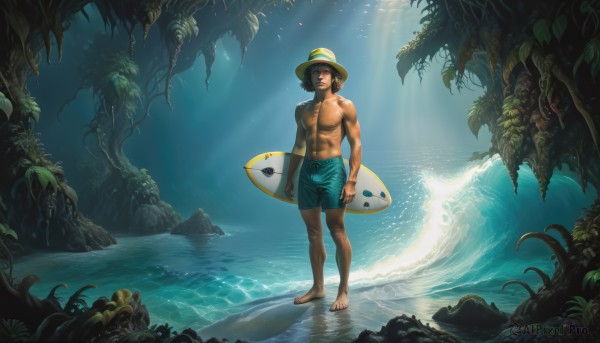 solo,looking at viewer,brown hair,black hair,1boy,hat,navel,holding,nipples,standing,full body,male focus,outdoors,shorts,barefoot,day,water,tree,muscular,ocean,beach,abs,sunlight,pectorals,plant,muscular male,nature,walking,toned,sun hat,topless male,toned male,male swimwear,swim trunks,surfboard,smile,short hair,jewelry,scar,bara,large pectorals,straw hat,swim briefs