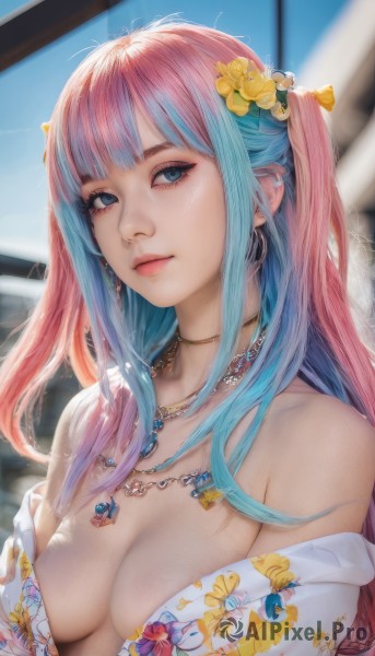 1girl,solo,long hair,breasts,looking at viewer,bangs,blue eyes,hair ornament,cleavage,bare shoulders,jewelry,medium breasts,closed mouth,blue hair,collarbone,upper body,pink hair,flower,multicolored hair,earrings,japanese clothes,hair flower,kimono,necklace,off shoulder,blurry,two-tone hair,two side up,lips,eyelashes,no bra,aqua hair,gradient hair,makeup,floral print,eyeshadow,realistic,yellow flower,nose,open kimono,mascara,sidelocks,day,artist name,blunt bangs,blurry background,piercing