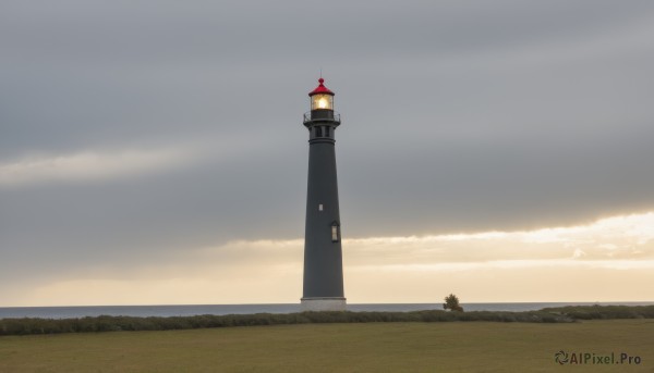 outdoors,sky,cloud,no humans,animal,cloudy sky,grass,building,scenery,dog,horizon,clock,house,lamppost,tower,1girl,tree,blue sky,bird,sunset,road,field,landscape,lighthouse,very wide shot