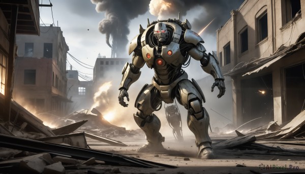 HQ,solo,red eyes,standing,outdoors,sky,cloud,no humans,glowing,fire,robot,building,mecha,glowing eyes,spikes,smoke,science fiction,city,realistic,explosion,ruins,damaged,open hands,debris,dust,destruction,rubble,military,window,battle,cityscape,power lines,super robot