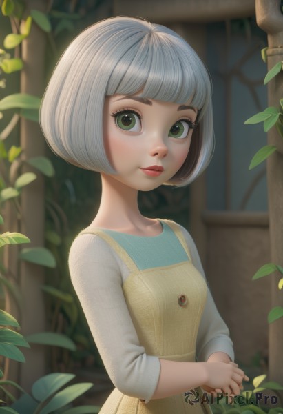 1girl,solo,looking at viewer,smile,short hair,bangs,shirt,long sleeves,dress,closed mouth,green eyes,standing,upper body,white hair,grey hair,small breasts,outdoors,artist name,signature,blunt bangs,blurry,lips,eyelashes,blurry background,leaf,watermark,bob cut,own hands together,plant,web address,freckles,nose,pinafore dress,yellow dress,sleeves past elbows,breasts,white shirt,day,red lips