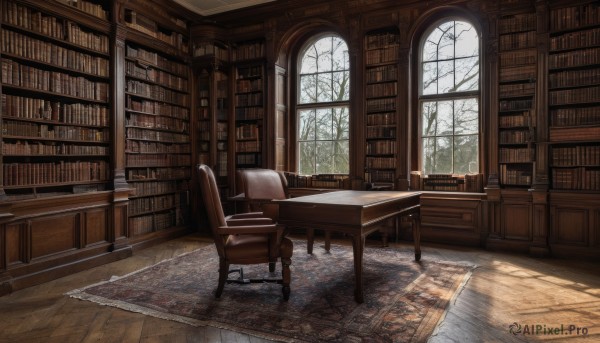 day,indoors,tree,book,no humans,window,chair,table,sunlight,scenery,wooden floor,bookshelf,book stack,library,armchair,carpet,rug,wooden chair,couch,bare tree,floor,reflective floor