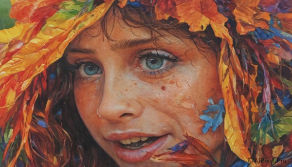 1girl,solo,looking at viewer,smile,open mouth,blue eyes,brown hair,flower,parted lips,teeth,lips,eyelashes,makeup,leaf,traditional media,lipstick,portrait,close-up,freckles,realistic,nose,red lips,painting (medium),watercolor (medium),acrylic paint (medium),bangs,autumn leaves