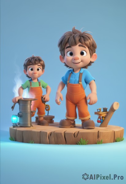 looking at viewer,smile,short hair,brown hair,shirt,brown eyes,closed mouth,standing,short sleeves,male focus,outdoors,multiple boys,shoes,2boys,water,black eyes,siblings,blue background,brown footwear,suspenders,fire,blue shirt,child,green shirt,overalls,male child,black hair,holding,boots,thick eyebrows,grass,t-shirt,smoke,faux figurine,tree stump,log