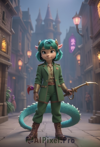 1girl,solo,looking at viewer,smile,short hair,bangs,shirt,long sleeves,holding,animal ears,brown eyes,jewelry,closed mouth,standing,jacket,tail,full body,weapon,boots,outdoors,green hair,open clothes,horns,sky,day,collared shirt,belt,pants,sword,artist name,signature,dark skin,medium hair,holding weapon,blurry,black eyes,open jacket,dark-skinned female,:3,night,buttons,blurry background,watermark,brown footwear,holding sword,building,sheath,furry,buckle,cross-laced footwear,freckles,dragon horns,dragon girl,lantern,belt buckle,green jacket,furry female,lace-up boots,female child,brown belt,horn ornament,lamp,dagger,lamppost,green pants,town,pavement,leather boots,hair ornament,gloves,brown gloves,body fur