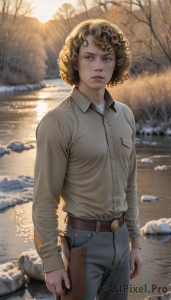 1girl,solo,breasts,looking at viewer,short hair,blue eyes,blonde hair,brown hair,shirt,long sleeves,closed mouth,standing,white shirt,weapon,cowboy shot,outdoors,day,collared shirt,belt,pants,water,blurry,tree,lips,gun,grey eyes,dress shirt,buttons,blurry background,sunlight,denim,wing collar,nature,grey shirt,backlighting,freckles,curly hair,pocket,jeans,rock,realistic,arms at sides,blue pants,brown belt,holster,grey pants,river,lake,afro,holstered weapon,stream,holding,brown eyes,small breasts,parted lips,artist name,holding weapon,depth of field,holding gun,handgun,nose,sun,bare tree