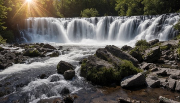 outdoors,day,water,tree,no humans,sunlight,nature,scenery,forest,light rays,rock,mountain,sun,sunbeam,river,waterfall,cliff,stream,landscape