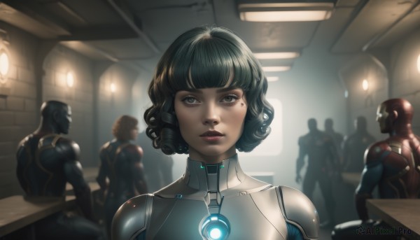 1girl,looking at viewer,short hair,bangs,black hair,sitting,upper body,multiple boys,solo focus,indoors,dark skin,blunt bangs,armor,lips,bodysuit,glowing,chair,3boys,helmet,science fiction,curly hair,realistic,nose,cyborg,power armor,green eyes,green hair,table,backlighting,bald,superhero