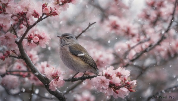 flower, outdoors, blurry, tree, petals, no humans, depth of field, blurry background, bird, animal, cherry blossoms, realistic, branch, animal focus, owl