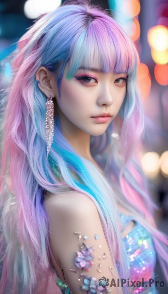 1girl,solo,long hair,looking at viewer,bangs,dress,bare shoulders,jewelry,closed mouth,blue hair,upper body,pink hair,purple hair,multicolored hair,earrings,blunt bangs,blurry,black eyes,from side,two-tone hair,lips,grey eyes,eyelashes,strapless,gradient hair,makeup,depth of field,blurry background,gem,eyeshadow,realistic,nose,eyeliner,mascara,flower,artist name,signature,watermark,web address,crystal,bokeh,pearl (gemstone)