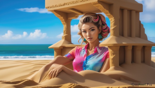 1girl,solo,breasts,looking at viewer,smile,brown hair,shirt,brown eyes,jewelry,sitting,collarbone,upper body,short sleeves,multicolored hair,earrings,outdoors,sky,day,collared shirt,cloud,water,two-tone hair,blue sky,lips,streaked hair,makeup,ocean,beach,blue shirt,lipstick,pink shirt,sand,hawaiian shirt,sand sculpture,blue eyes,pink hair,parted lips