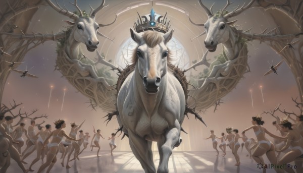 breasts,blue eyes,multiple girls,blonde hair,holding,weapon,ass,nude,multiple boys,horns,sword,holding weapon,tree,no humans,6+girls,animal,crown,polearm,6+boys,bow (weapon),arrow (projectile),riding,horse,constellation,horseback riding,unicorn,black hair,sky,topless,flying,running,light,antlers,bare tree,deer