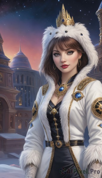 1girl,solo,breasts,looking at viewer,bangs,brown hair,gloves,long sleeves,dress,cleavage,brown eyes,jewelry,medium breasts,standing,earrings,outdoors,open clothes,sky,belt,hood,medium hair,necklace,black dress,lips,coat,fur trim,makeup,night,crown,lipstick,building,gem,fishnets,star (sky),night sky,snow,starry sky,open coat,hoop earrings,nose,white coat,winter clothes,red lips,fur-trimmed coat,parka,smile,short hair,closed mouth,cowboy shot,white jacket,hood up,realistic,tower