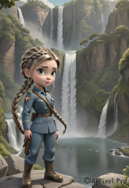 1girl,solo,long hair,breasts,looking at viewer,blonde hair,brown hair,long sleeves,holding,very long hair,closed mouth,standing,full body,weapon,braid,boots,outdoors,day,belt,pants,water,holding weapon,uniform,tree,lips,gun,grey eyes,military,military uniform,brown footwear,holding gun,nature,handgun,epaulettes,pouch,rock,blue pants,holster,river,waterfall,cliff,blue eyes,jewelry,earrings,artist name,single braid,leaf,thick eyebrows