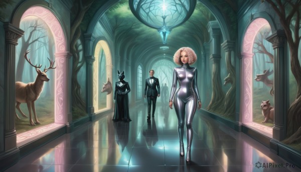 1girl,breasts,short hair,multiple girls,blonde hair,2girls,medium breasts,standing,closed eyes,weapon,white hair,multiple boys,indoors,hood,2boys,tree,bodysuit,glowing,animal,formal,suit,skin tight,reflection,walking,shiny clothes,light rays,crystal,black bodysuit,antlers,latex,pillar,cane,statue,deer,blue eyes,brown hair,1boy,necktie,scenery,dog,fantasy,wolf,reflective floor