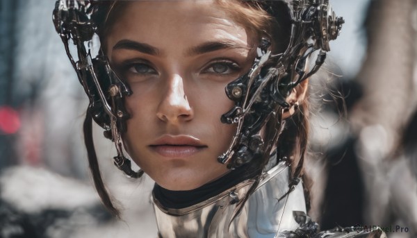 1girl,solo,long hair,looking at viewer,blue eyes,brown hair,braid,parted lips,solo focus,blurry,lips,grey eyes,depth of field,blurry background,headgear,portrait,freckles,science fiction,realistic,nose,cyborg,cyberpunk,short hair,blonde hair,closed mouth,expressionless,helmet,close-up