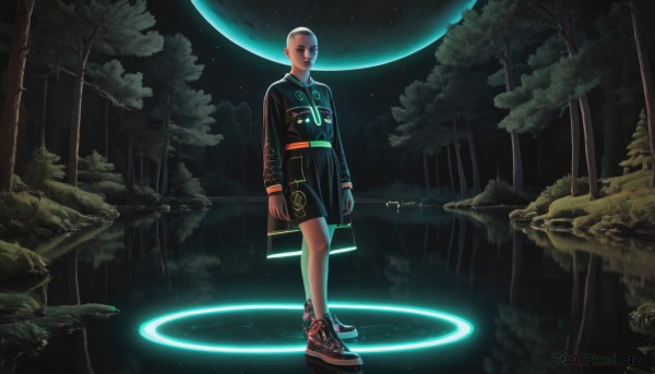 1girl,solo,looking at viewer,long sleeves,1boy,jewelry,standing,male focus,earrings,outdoors,sky,shoes,shorts,dark skin,tree,night,glowing,moon,sneakers,star (sky),nature,scenery,forest,starry sky,reflection,bald,magic circle,planet,short hair,black hair,gloves,jacket,full body,artist name,signature,water,black jacket,facial hair,black shorts,grass,floating,backlighting,science fiction,rock,realistic,space