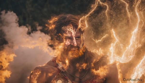 solo,short hair,brown hair,1boy,bare shoulders,jewelry,closed eyes,upper body,male focus,sky,cloud,dark skin,necklace,blurry,facial hair,fire,portrait,beard,smoke,burning,fiery hair,looking at viewer,closed mouth,scar,mature male,mustache,lightning