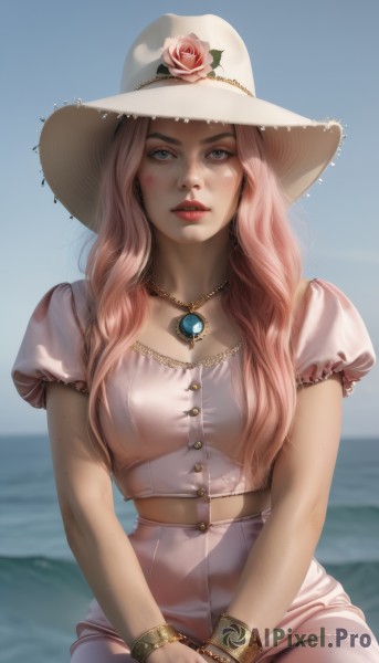 1girl,solo,long hair,breasts,looking at viewer,blush,blue eyes,skirt,shirt,hat,jewelry,medium breasts,sitting,pink hair,flower,short sleeves,outdoors,parted lips,sky,day,midriff,puffy sleeves,artist name,water,necklace,mole,blurry,bracelet,blue sky,puffy short sleeves,lips,makeup,buttons,blurry background,rose,ocean,white headwear,own hands together,lipstick,gem,pink flower,pendant,freckles,sun hat,realistic,nose,hat flower,red lips,pink rose,mole on cheek,dress,grey eyes,pink skirt,straw hat