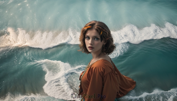 1girl,solo,looking at viewer,short hair,blue eyes,brown hair,shirt,dress,bare shoulders,jewelry,upper body,outdoors,parted lips,sky,cloud,water,necklace,off shoulder,from side,lips,looking to the side,ocean,sunglasses,cloudy sky,eyewear on head,realistic,red lips,orange shirt,waves,breasts,hair ornament,earrings,teeth,hairclip,sunlight,wind,light rays