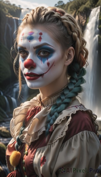 A stunning portrayal of a clown in a lush day