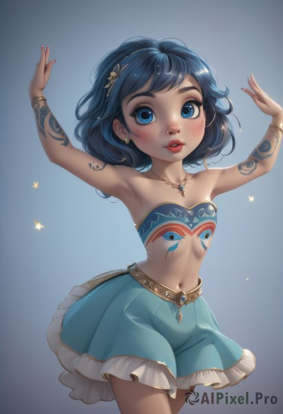 1girl,solo,breasts,looking at viewer,blush,smile,short hair,bangs,blue eyes,skirt,simple background,black hair,hair ornament,navel,bare shoulders,jewelry,blue hair,collarbone,cowboy shot,hairband,earrings,small breasts,frills,parted lips,teeth,midriff,artist name,armpits,necklace,stomach,star (symbol),arms up,flat chest,bracelet,lips,blue skirt,gradient,bare arms,gradient background,eyelashes,strapless,tattoo,makeup,blue background,frilled skirt,aged down,lipstick,child,web address,pendant,freckles,bandeau,red lips,female child,tube top,mascara,nail polish,gem,dancing,star earrings