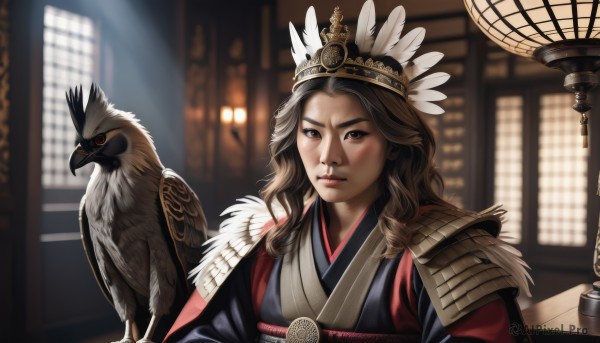 1girl,solo,long hair,looking at viewer,brown hair,hair ornament,brown eyes,closed mouth,upper body,japanese clothes,indoors,kimono,armor,blurry,lips,sash,blurry background,bird,animal,feathers,crown,shoulder armor,realistic,owl,hat,day,window,depth of field,sunlight,helmet,eagle