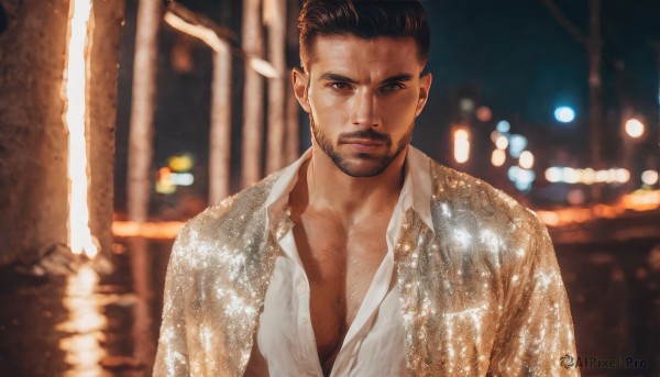 solo,looking at viewer,short hair,brown hair,shirt,black hair,1boy,brown eyes,closed mouth,jacket,white shirt,upper body,male focus,outdoors,open clothes,collared shirt,water,blurry,wet,open shirt,muscular,night,blurry background,facial hair,pectorals,wet clothes,beard,mature male,realistic,manly,partially unbuttoned,chest hair,pectoral cleavage,muscular male,bara,bokeh,city lights