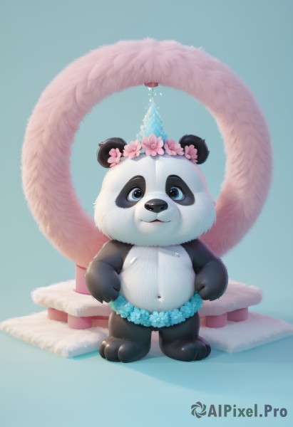 solo,looking at viewer,smile,blue eyes,simple background,navel,standing,tail,full body,flower,hair flower,water,no humans,blue background,furry,head wreath,panda,animal ears,wreath