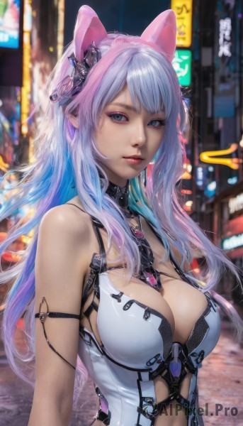 1girl,solo,long hair,breasts,looking at viewer,bangs,blue eyes,large breasts,hair ornament,navel,animal ears,cleavage,bare shoulders,jewelry,medium breasts,blue hair,upper body,pink hair,multicolored hair,outdoors,parted lips,cat ears,blurry,two-tone hair,lips,grey eyes,clothing cutout,gradient hair,makeup,blurry background,fake animal ears,realistic,navel cutout,closed mouth,purple hair,white hair,artist name,necklace,leotard,night,depth of field,city,road,arm strap,city lights,cyberpunk,neon lights