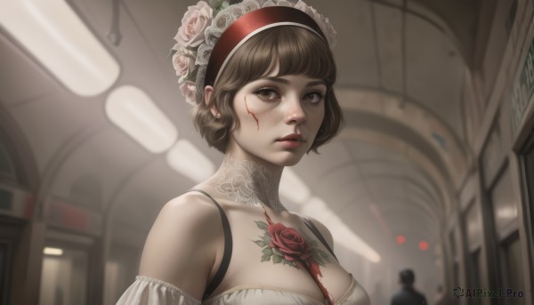 1girl,solo,breasts,looking at viewer,short hair,bangs,large breasts,brown hair,hair ornament,dress,cleavage,bare shoulders,brown eyes,jewelry,medium breasts,upper body,flower,hairband,earrings,parted lips,detached sleeves,solo focus,choker,indoors,hair flower,blunt bangs,blurry,lips,blood,tattoo,rose,blood on face,realistic,nose,red lips,stud earrings,blurry background,between breasts,lolita hairband,ceiling,ceiling light